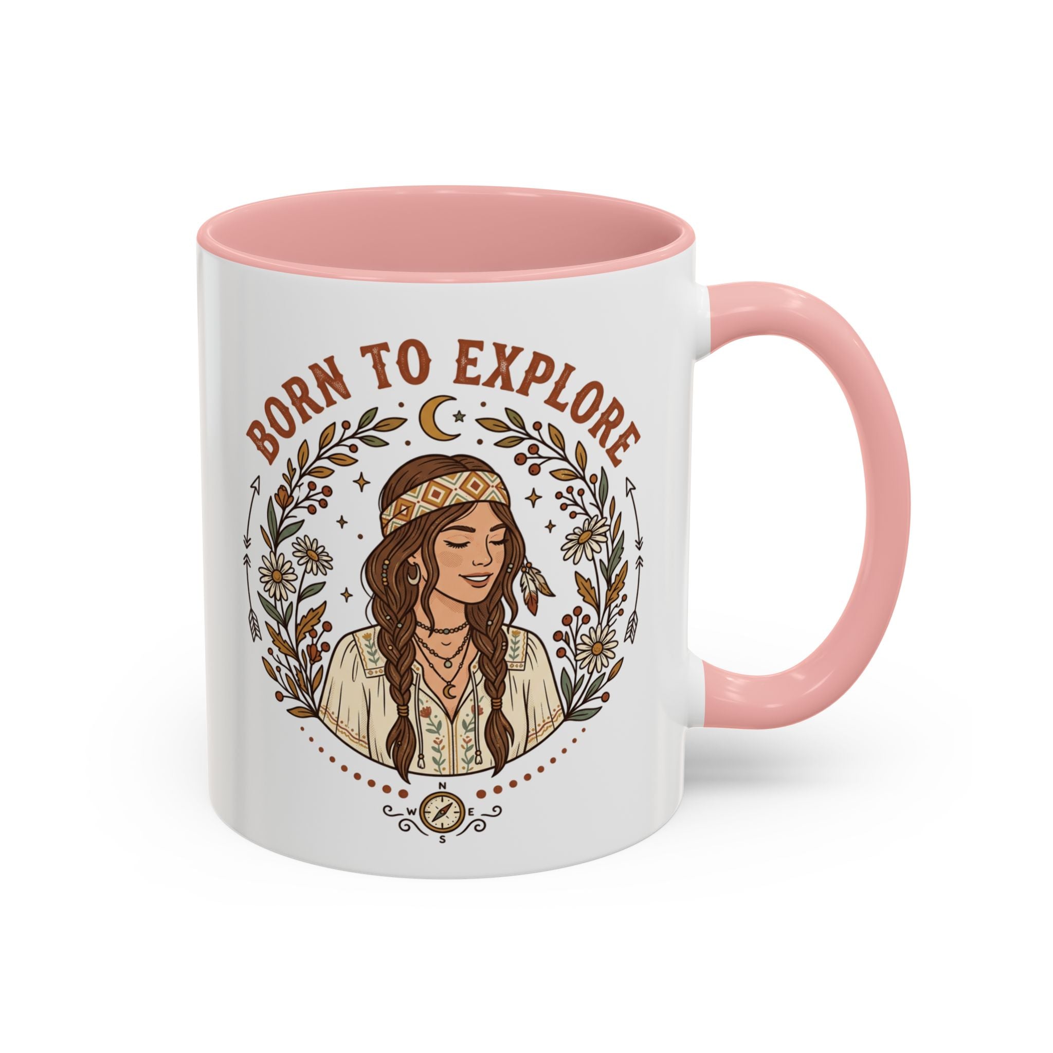 Born to Explore Accent Coffee Mug — Boho Adventure Travel Ceramic Mug