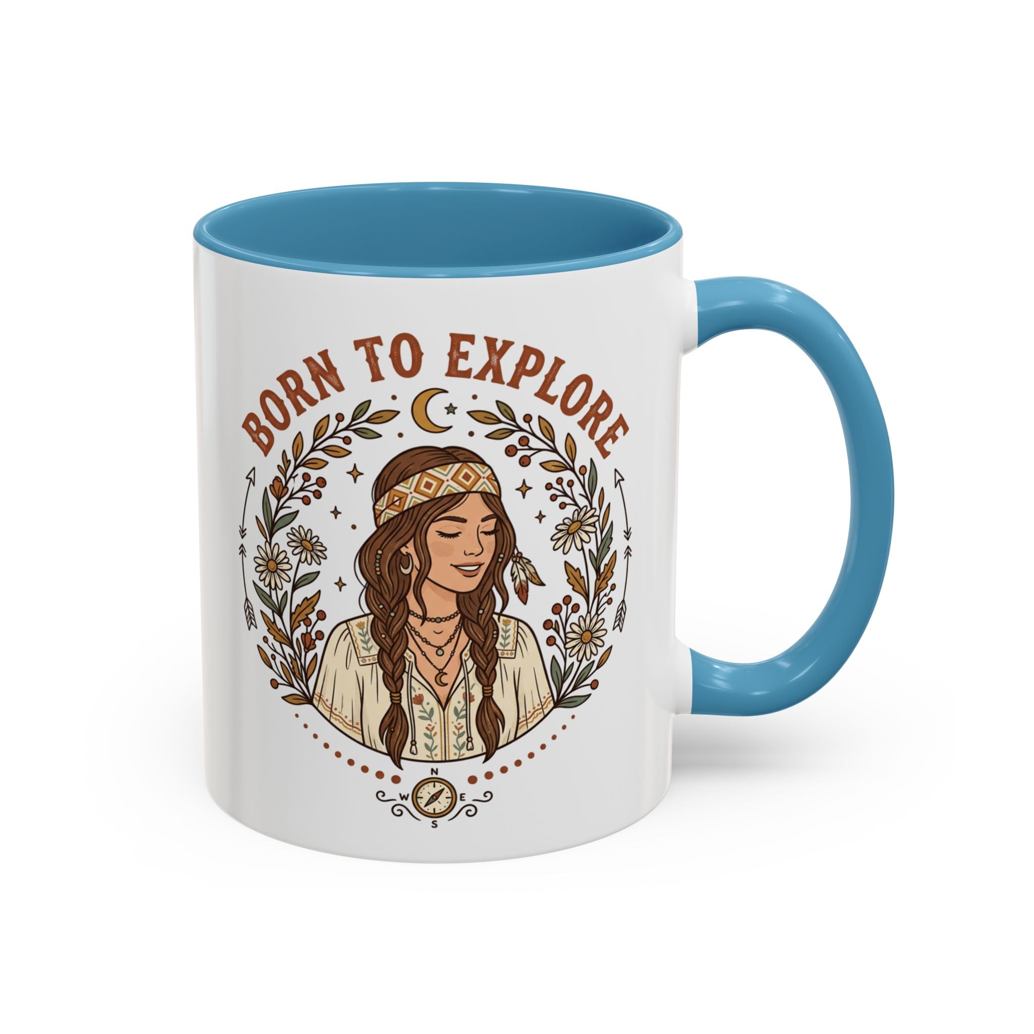 Born to Explore Accent Coffee Mug — Boho Adventure Travel Ceramic Mug