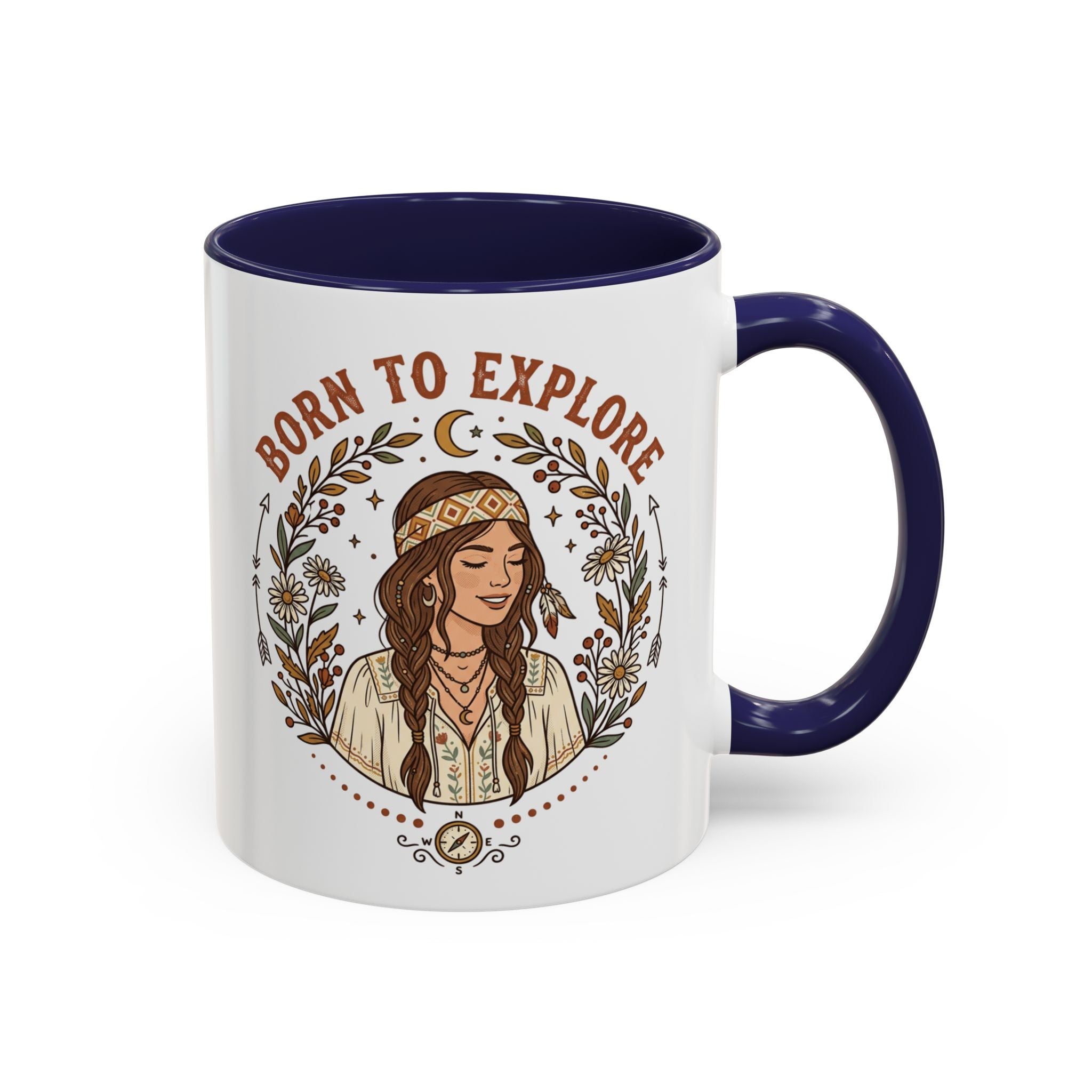 Born to Explore Accent Coffee Mug — Boho Adventure Travel Ceramic Mug