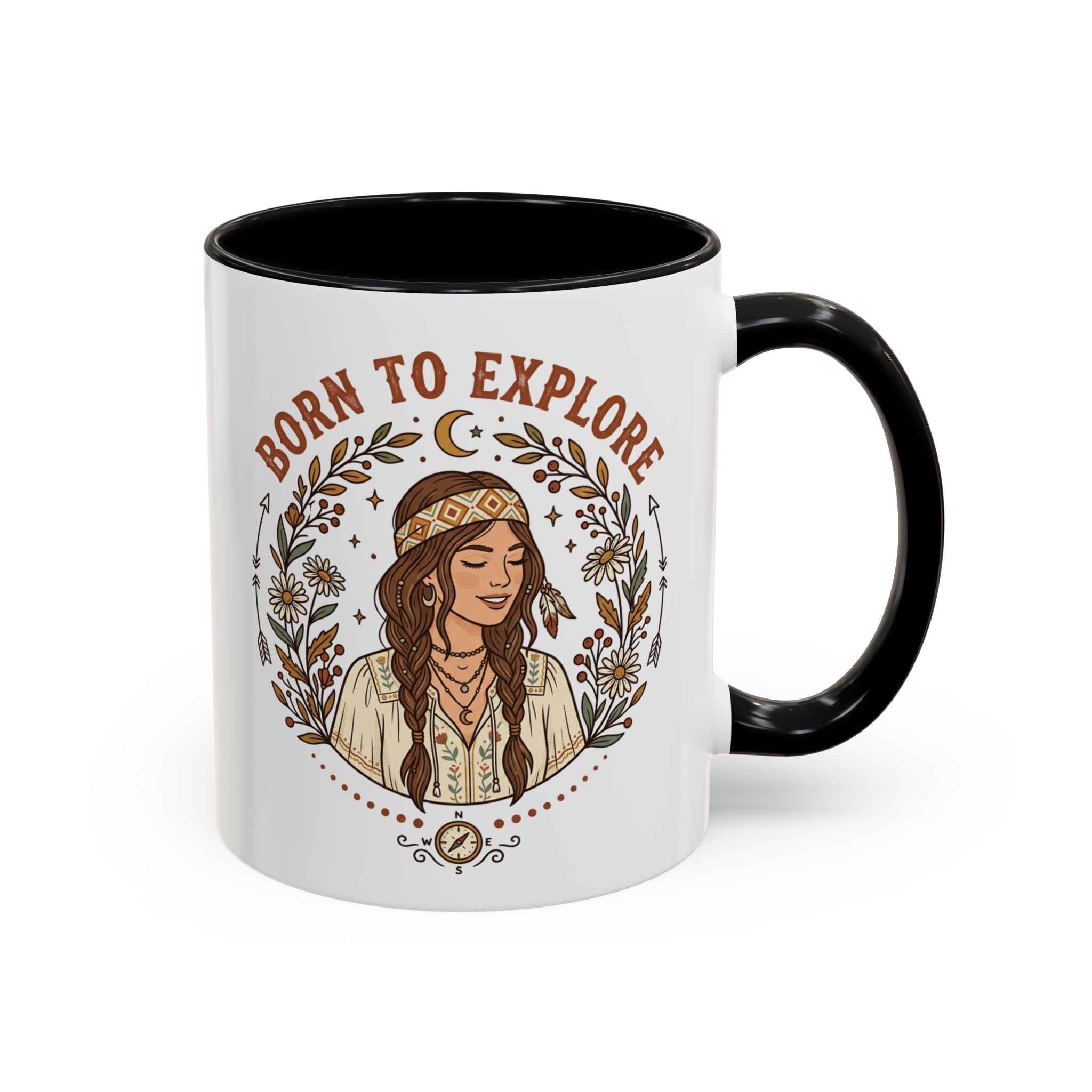 Born to Explore Accent Coffee Mug — Boho Adventure Travel Ceramic Mug