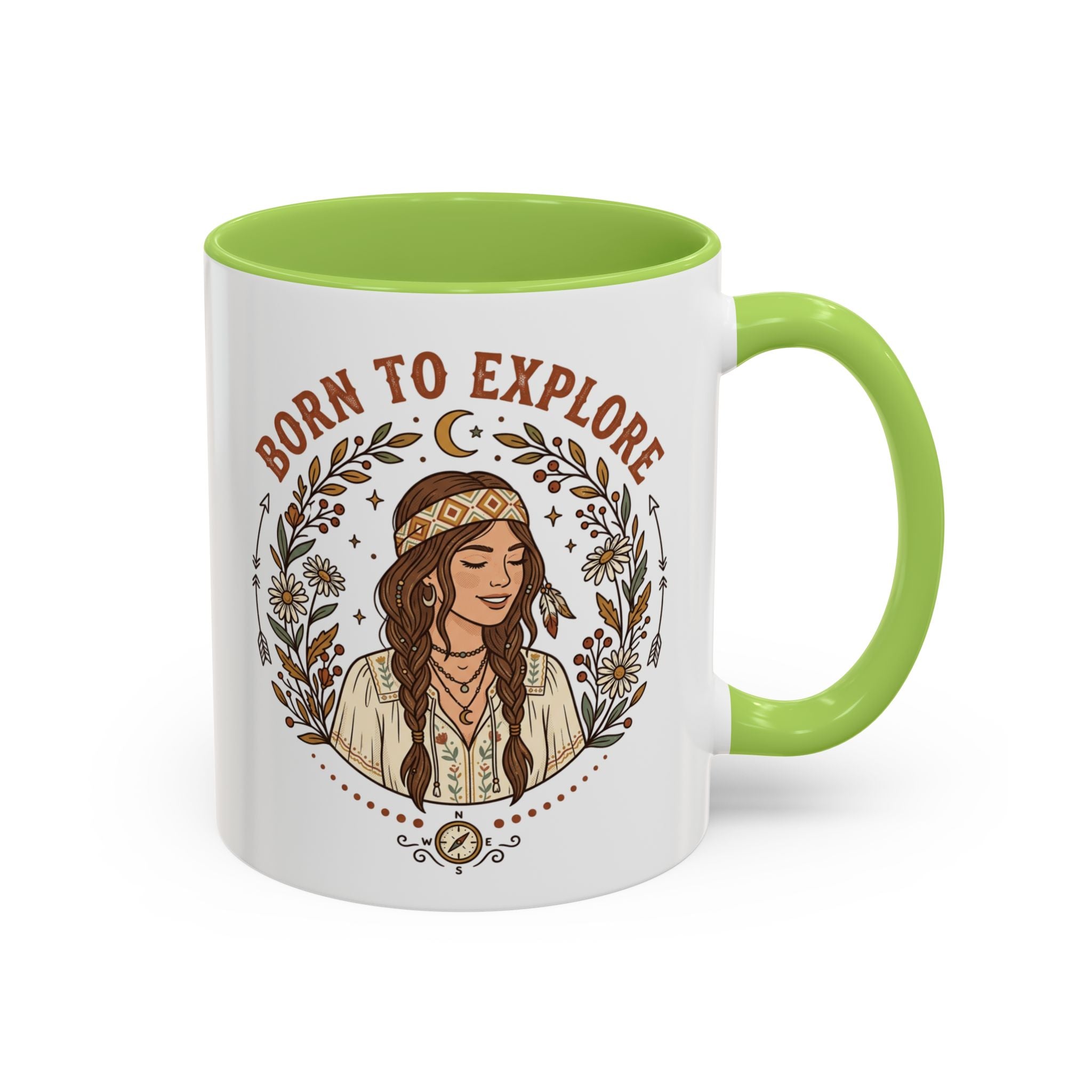 Born to Explore Accent Coffee Mug — Boho Adventure Travel Ceramic Mug