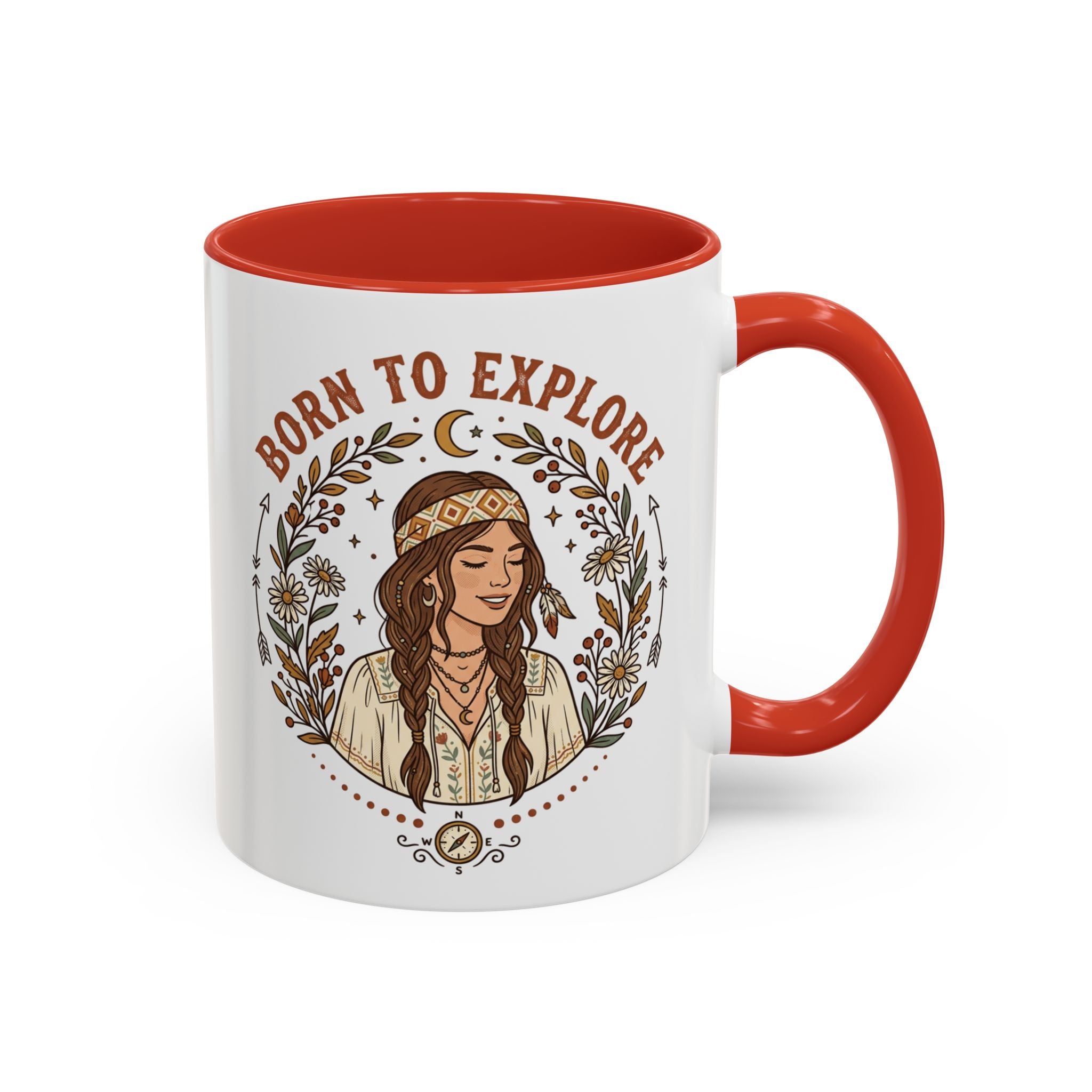 Born to Explore Accent Coffee Mug — Boho Adventure Travel Ceramic Mug