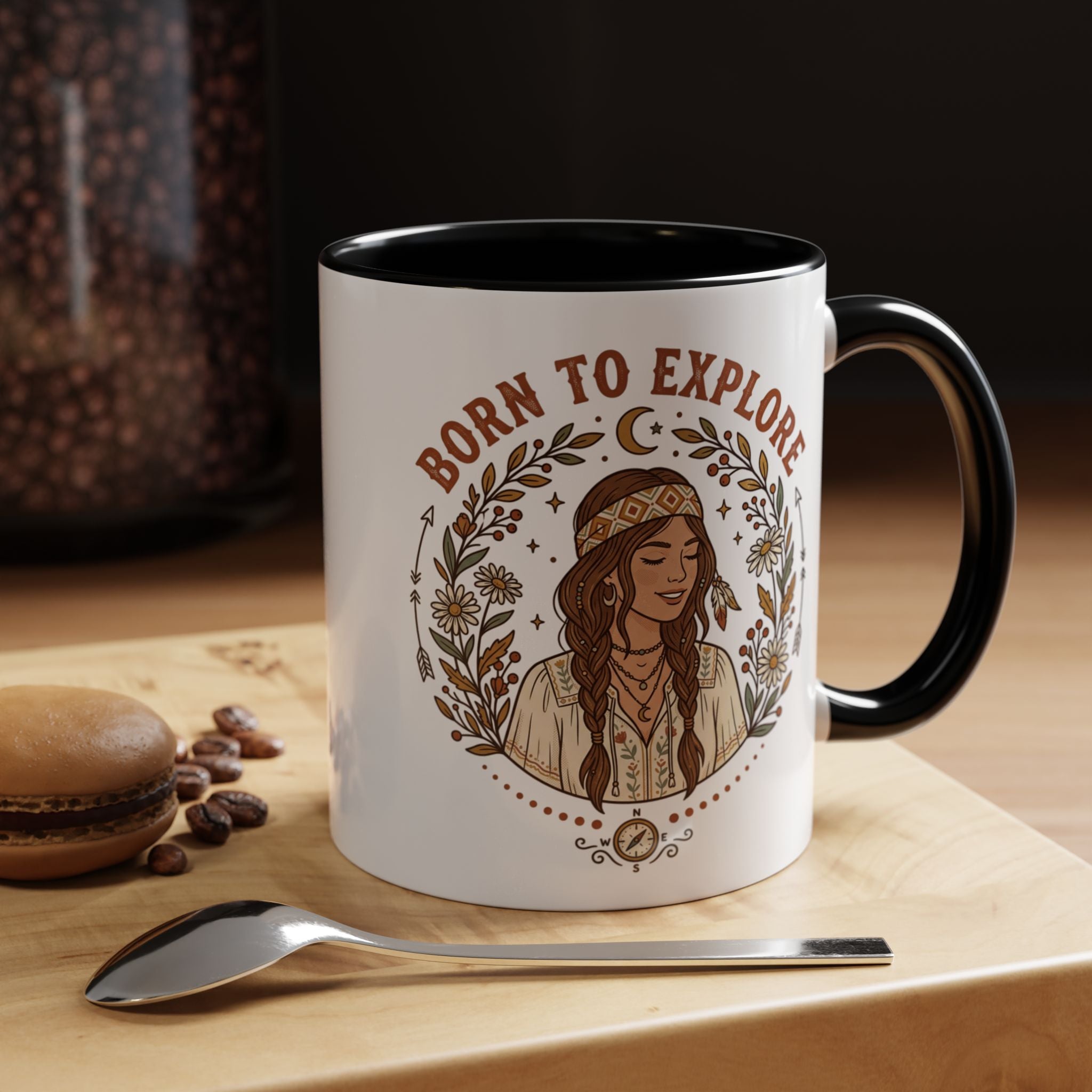 Born to Explore Accent Coffee Mug — Boho Adventure Travel Ceramic Mug