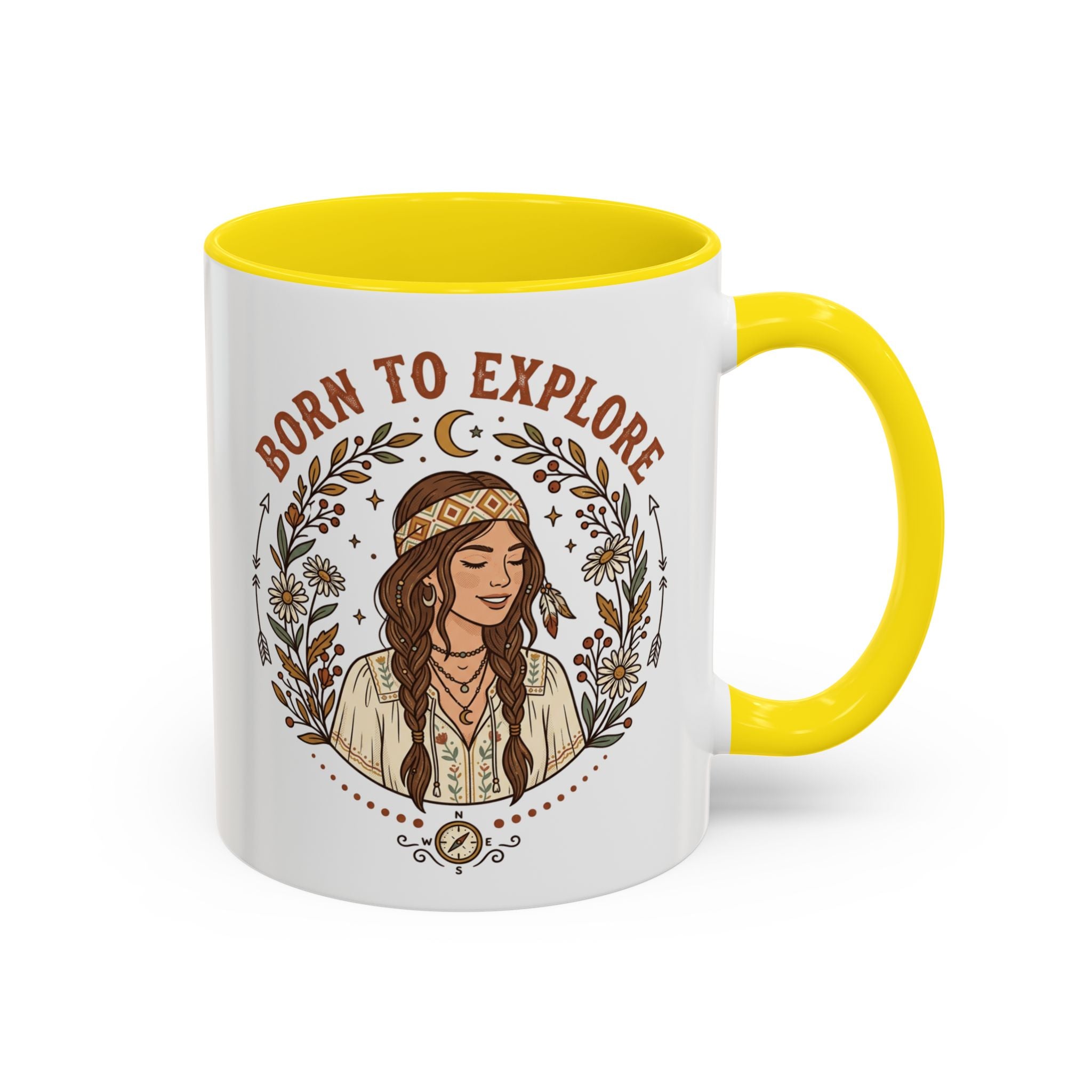 Born to Explore Accent Coffee Mug — Boho Adventure Travel Ceramic Mug